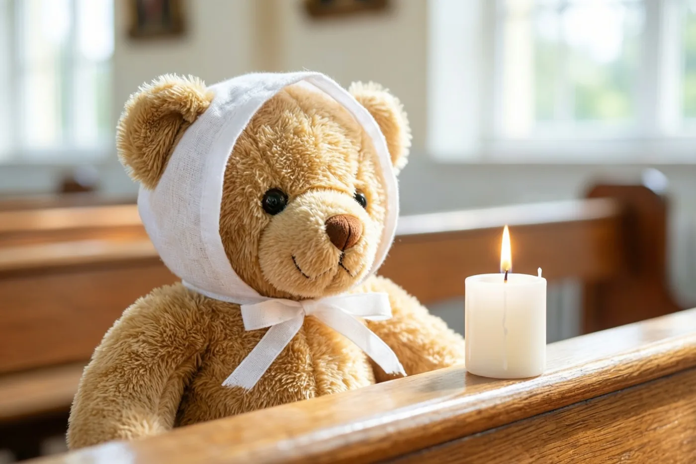 Een bruine knuffelbeer met een wit mutsje zit op een houten kerkbank naast een brandende witte doopkaars in zacht natuurlijk licht.