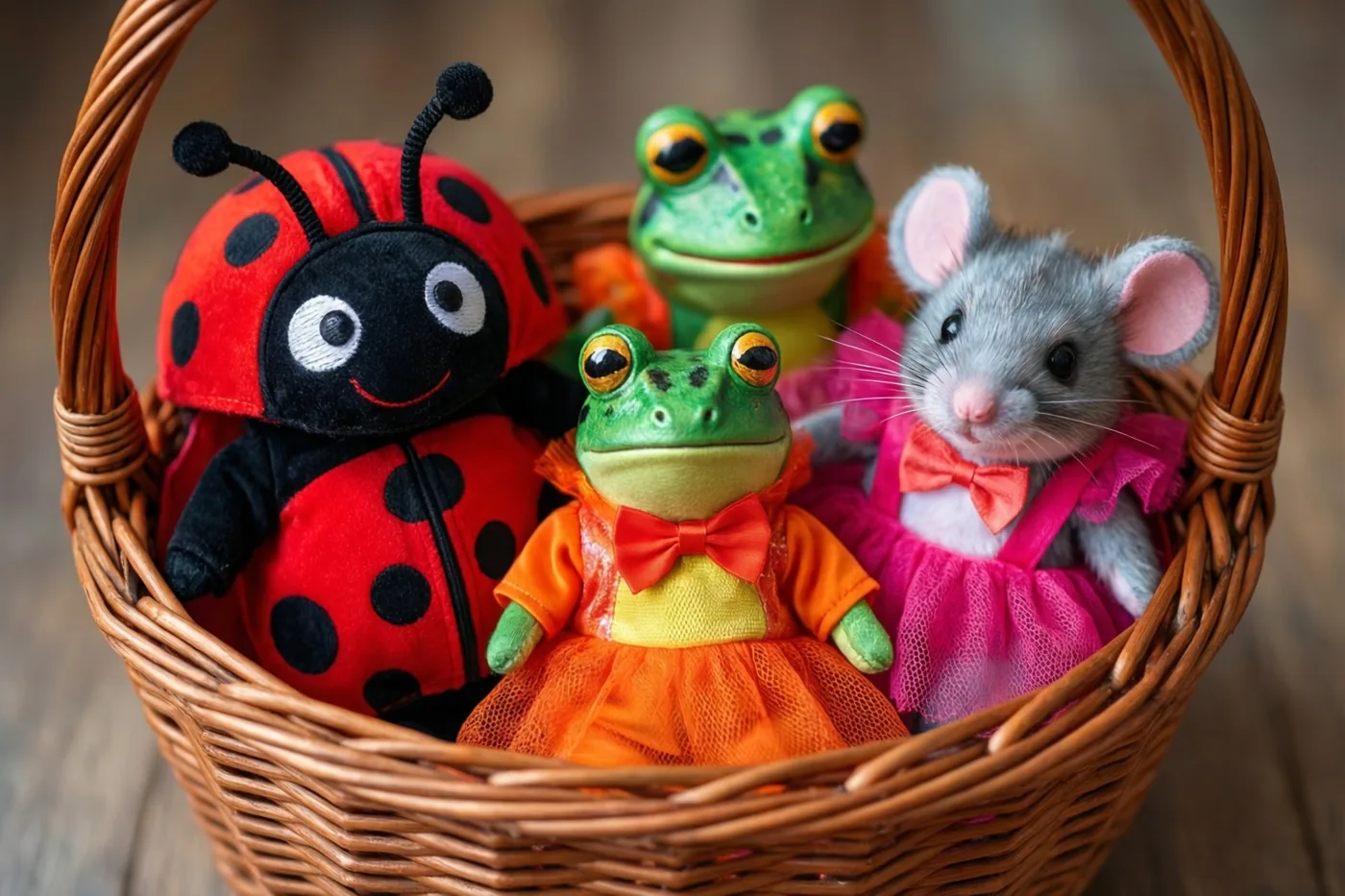 Een rood pluchen lieveheersbeestje, een groene kikker in een oranje jurk en een grijze muis in een roze jurk zitten in een rieten mand op een houten ondergrond.