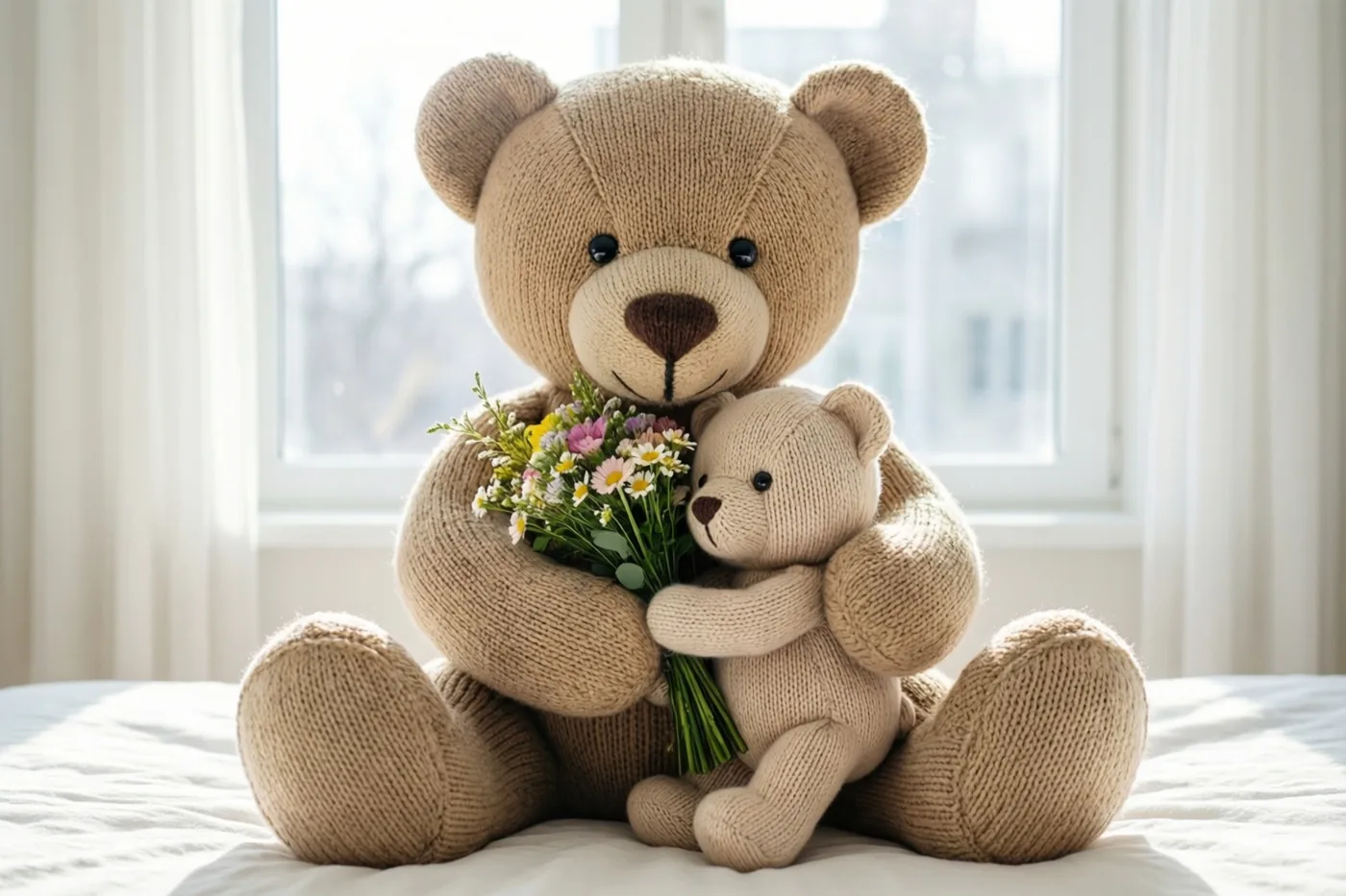 Een grote en een kleine gebreide teddybeer zitten omarmd op een bed met een klein boeketje tussen hen in en daglicht uit het raam achter hen.