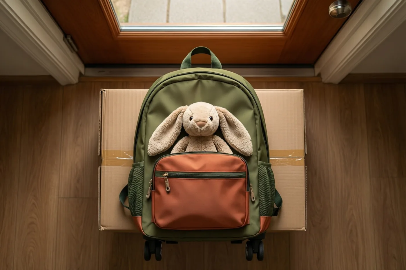 Een groen-oranje kinderrugzak met een knuffelkonijn dat eruit piept staat op een kartonnen verhuisdoos voor een houten deur in warm licht.