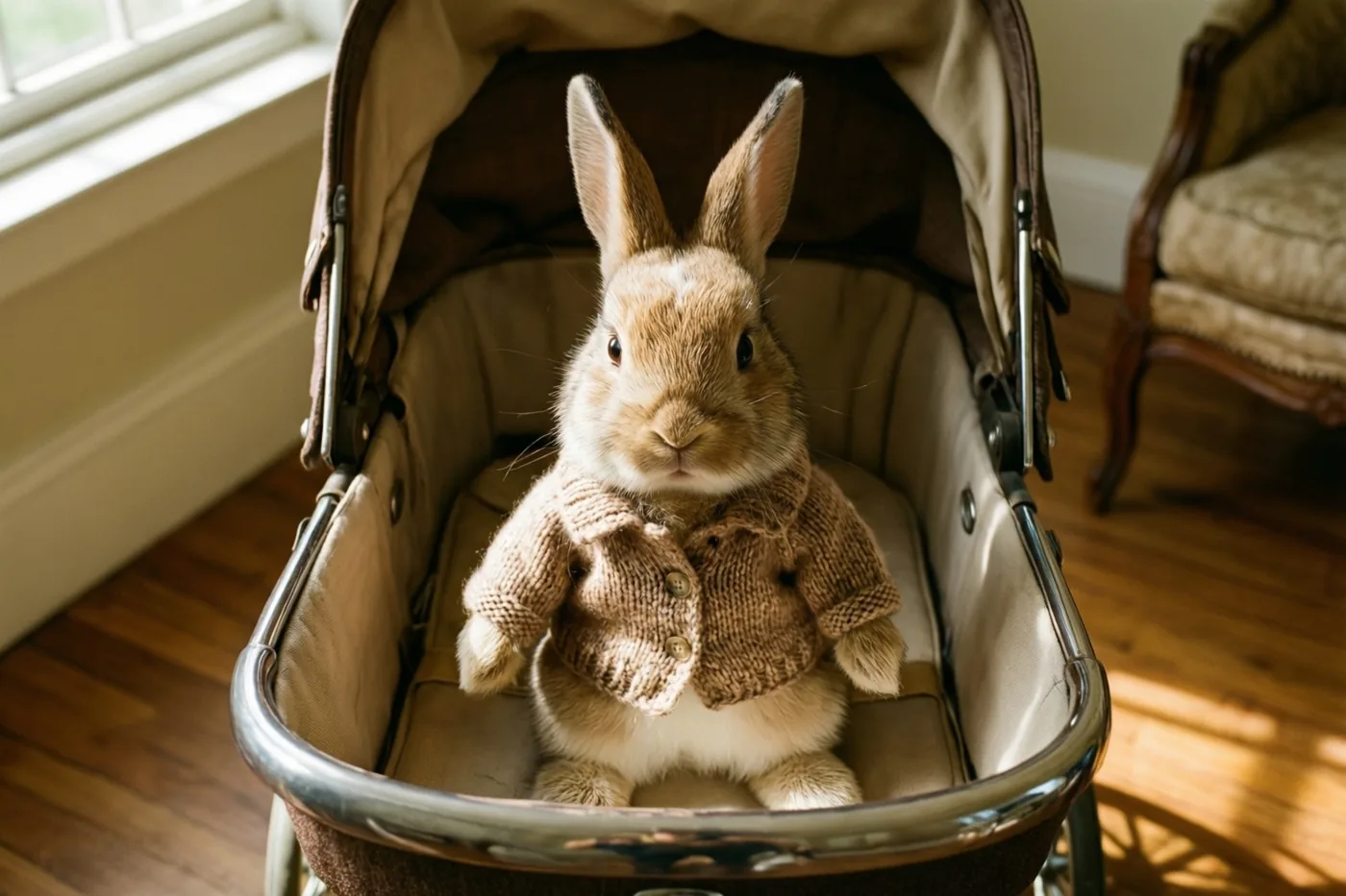 Een knuffelkonijn met een klein gebreid vestje zit rechtop in een kinderwagen in retrostijl, in een zonnige kamer met een houten vloer en een raam op de achtergrond.