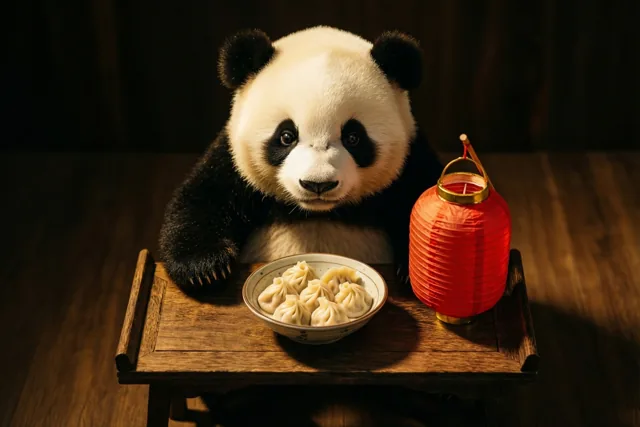 Een knuffelpanda aan de nieuwjaarstafel