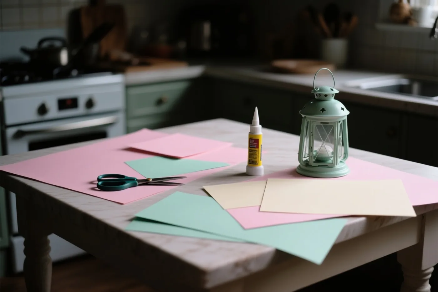 Een keukentafel met gekleurd papier, een schaar, lijm en een kleine lantaarn staat in zacht licht met roze, mintgroene en crèmekleurige tinten.