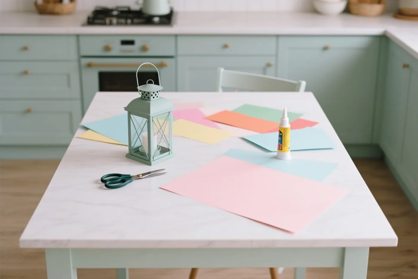 Gekleurd papier, een schaar, lijm en een lantaarn liggen op een witmarmeren keukentafel in een lichte keuken met lichtgroene kasten.
