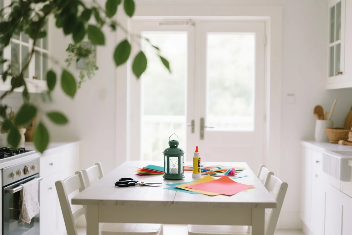 Op een witte keukentafel liggen gekleurd papier, een schaar en lijm naast een groene lantaarn, in een lichte keuken met witte kasten en een glazen deur.