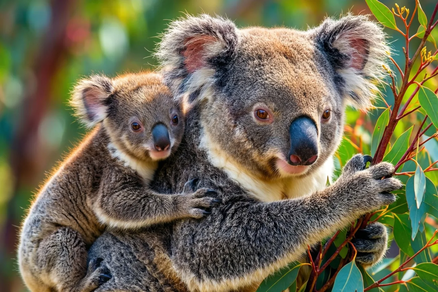 Een moederkoala draagt haar jong op haar rug en grijpt met haar voorpoten een eucalyptustak vast, met zonlicht en groen bos op de achtergrond.