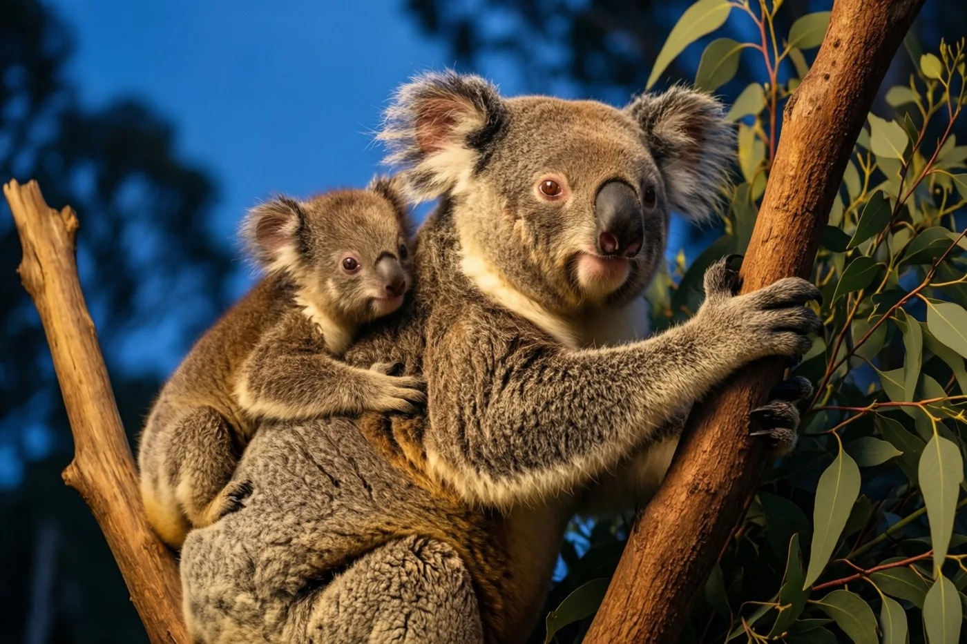 Een moederkoala en haar jong zitten op een eucalyptustak tegen een diepblauwe schemerhemel, met warm licht op hun grijze vacht en de groene bladeren.