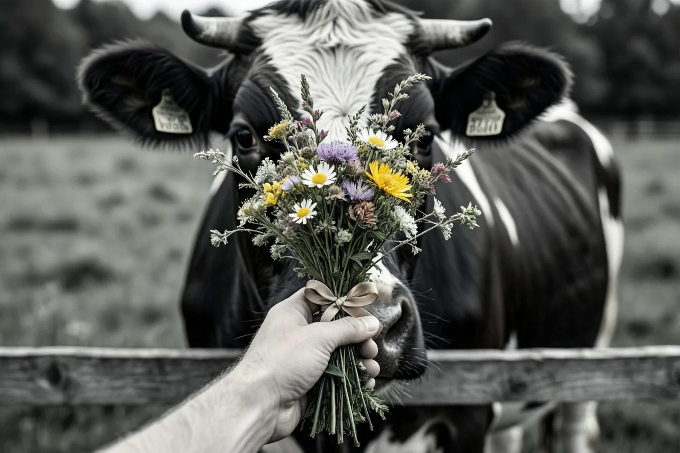 Een hand reikt over een houten hek een boeket wilde bloemen met een lint aan een zwart-witte koe, waarbij de bloemen in kleur zijn en de landelijke omgeving in zwart-wit is.