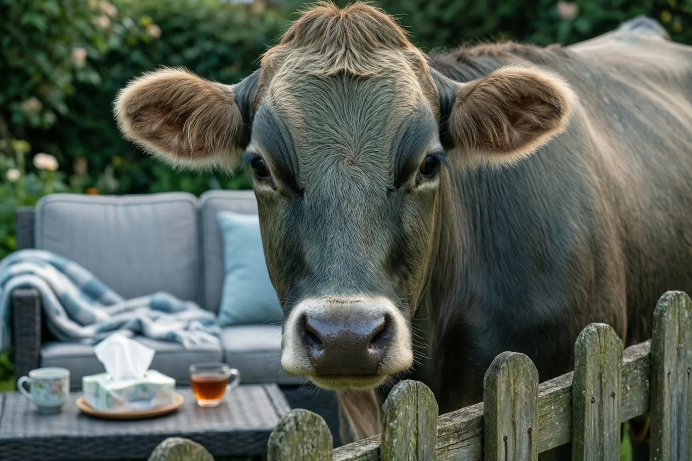 Een koe kijkt over een verweerd houten hek naar een tuinzetel met een deken, zakdoekjes en een kop thee in een groene tuin.