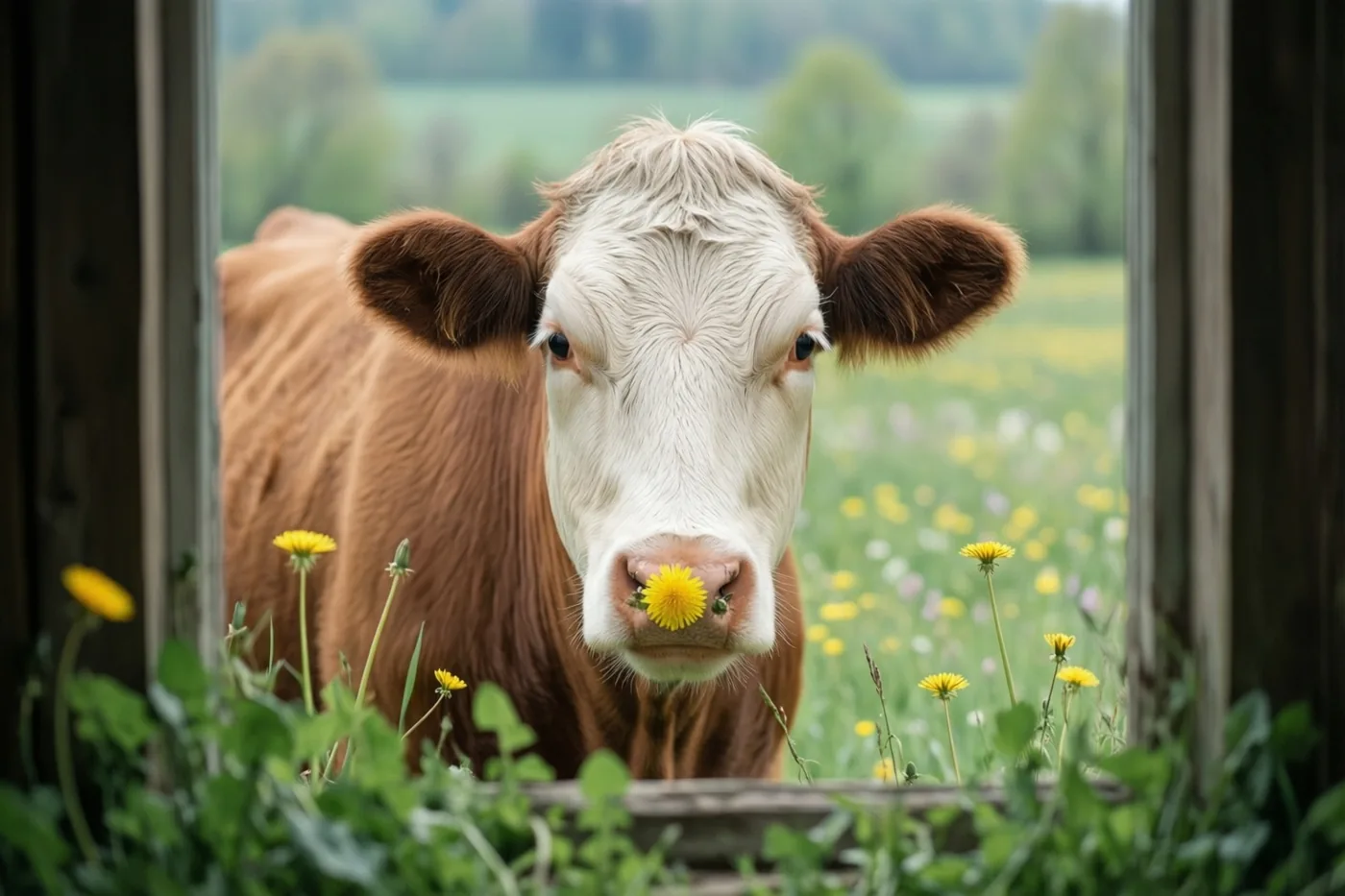 Een bruin-witte koe met een gele boterbloem op haar neus kijkt door een houten raamkozijn naar een lenteweide, omringd door groen gebladerte.