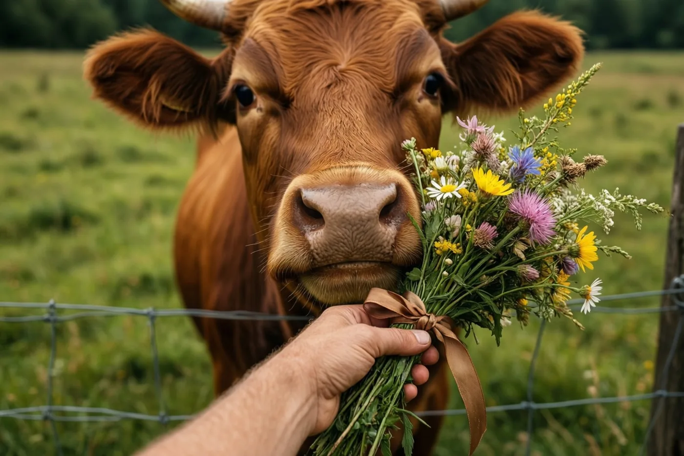 Een hand reikt over een draadafsluiting een boeket wilde bloemen met een bruin lint aan een bruine koe, in een groene weide met een wazige achtergrond.