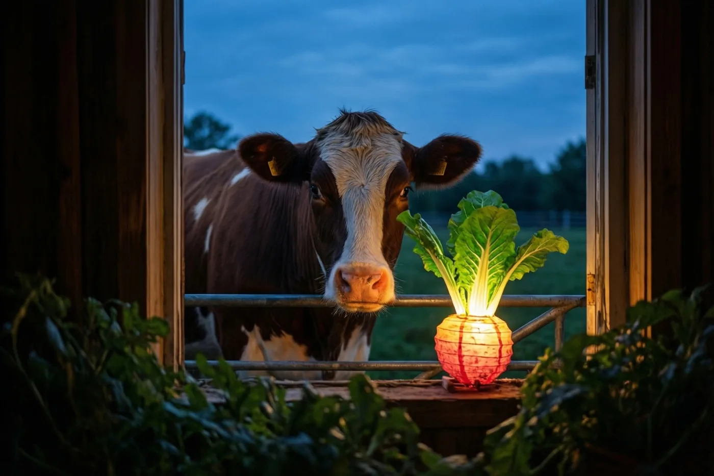 Een bruin-witte koe kijkt bij valavond door een stalraam naar een brandende bietenlantaarn op de vensterbank, met groen op de voorgrond en een avondhemel erachter.
