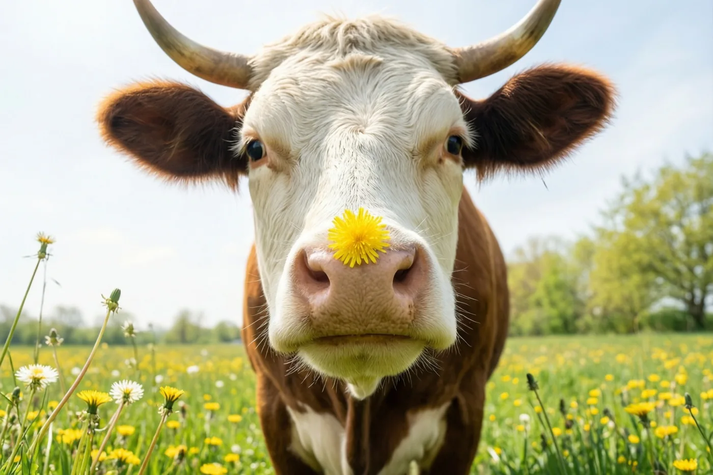 Een bruin-witte koe met een gele boterbloem op haar neus staat in een zonnige groene weide vol paardenbloemen onder een lichtblauwe hemel.
