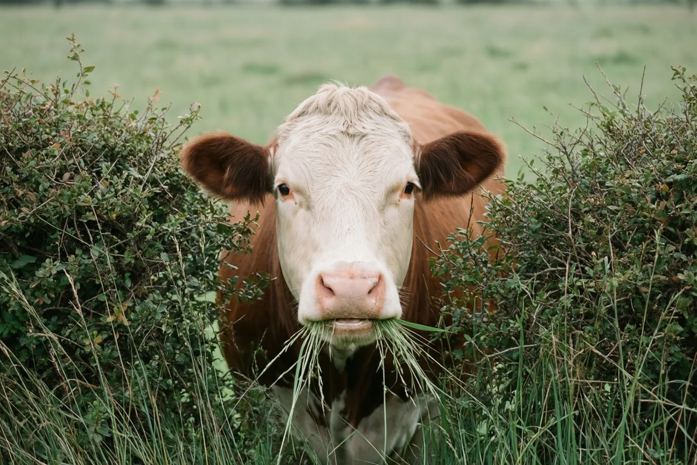 Een bruin-witte koe kijkt door groene struiken in een grasveld, met gras uit haar bek bij zacht natuurlijk licht.