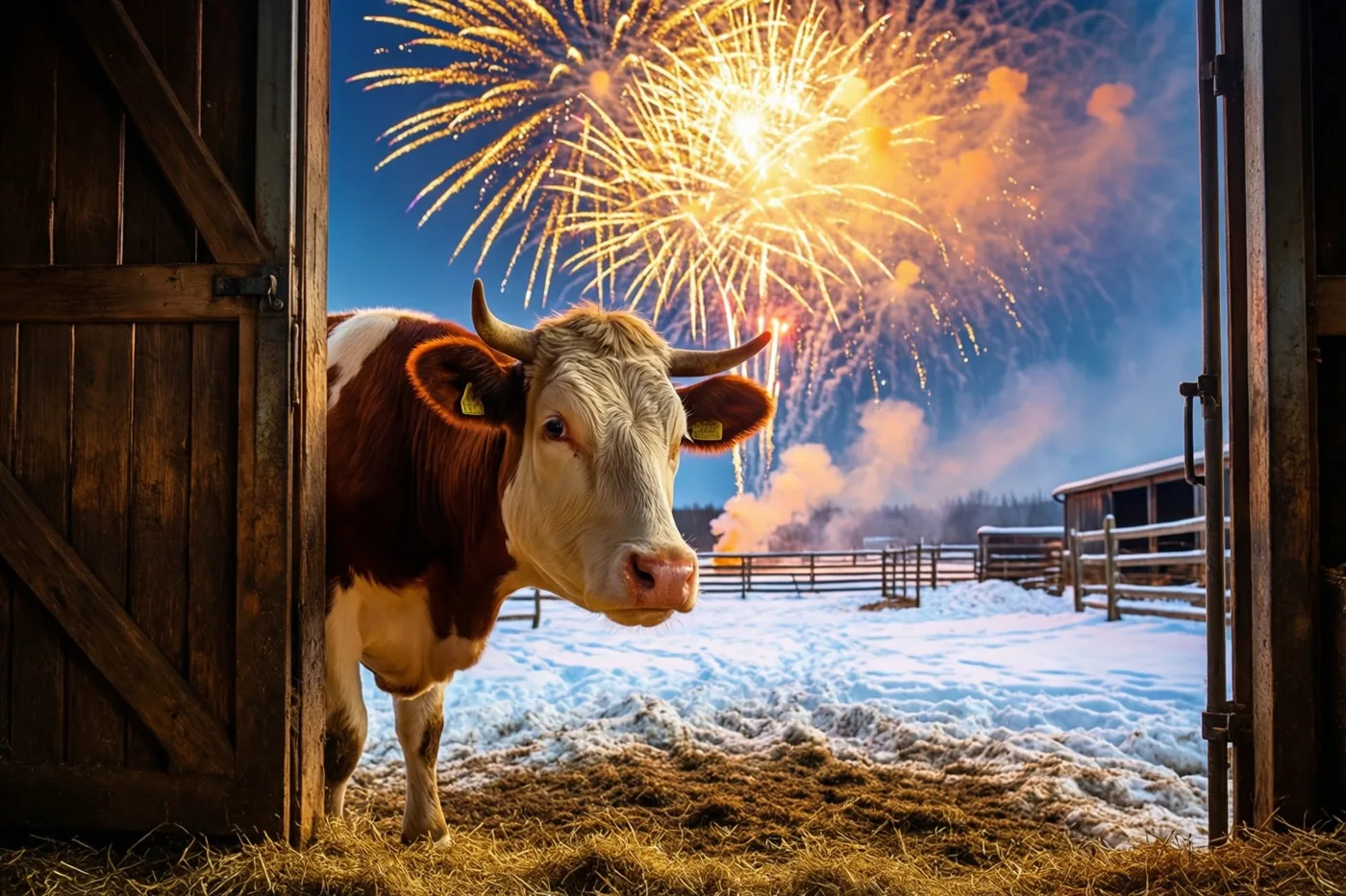 Een bruin-witte koe met hoorns staat 's nachts in een verlichte staldeuropening en kijkt naar goudkleurig vuurwerk boven een besneeuwd erf.