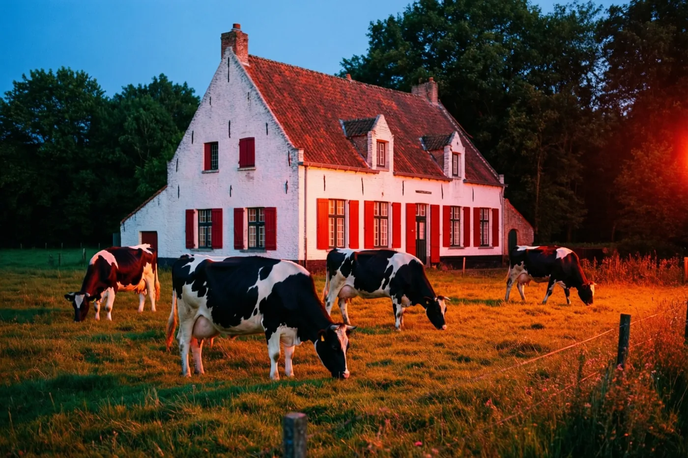 Zwart-witte koeien grazen in een weide voor een witte Vlaamse hoeve met rode luiken in het warme gouden licht van de avond.