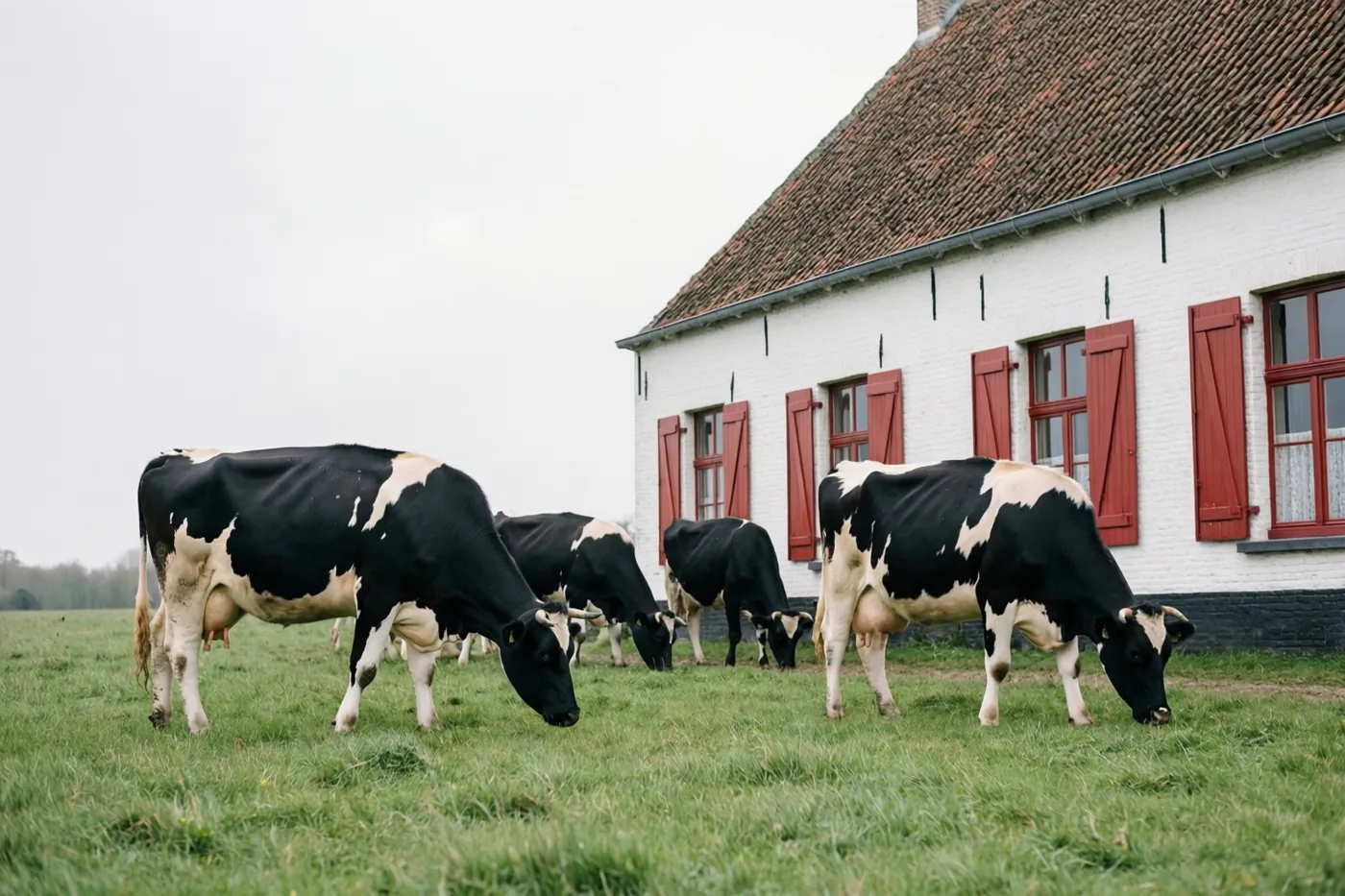 Zwart-witte koeien grazen in een groene weide naast een witte hoeve met rode luiken onder een bewolkte hemel.