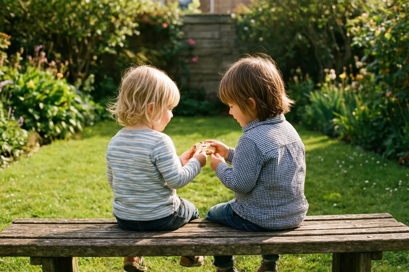 Twee jonge kinderen zitten tegenover elkaar op een houten tuinbank en delen een koekje in een zonnige tuin met groen gras en weelderige planten.
