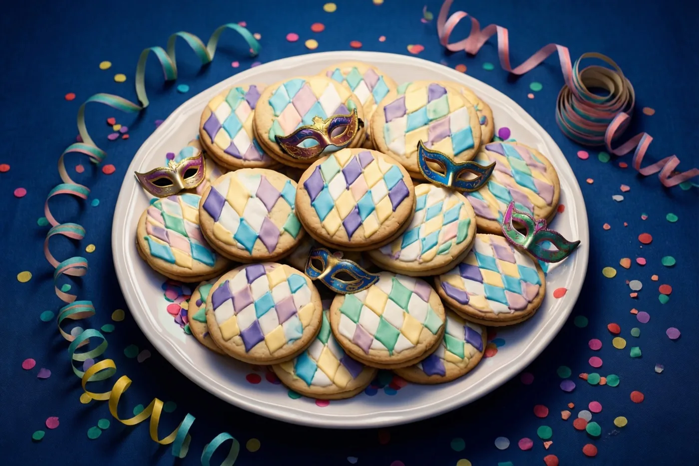 Op een wit bord liggen veel koekjes met kleurrijke ruiten van glazuur en kleine maskertjes ertussen, tegen een donkerblauwe achtergrond met confetti en slingers.