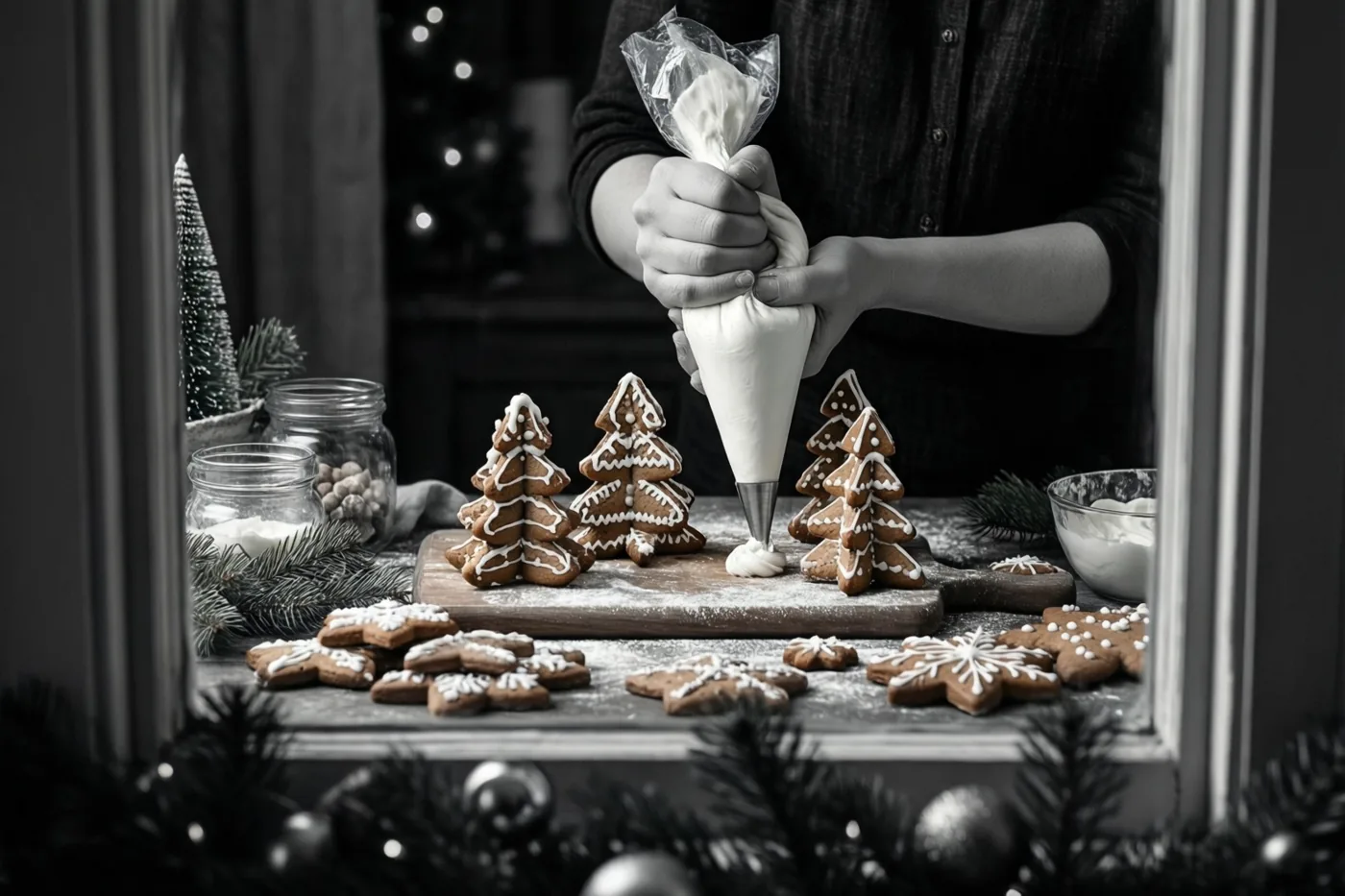 Een ingelijste foto toont hoe iemand peperkoekkerstboompjes op een houten plank met wit glazuur versiert, tussen andere koekjes en feestelijke decoratie.