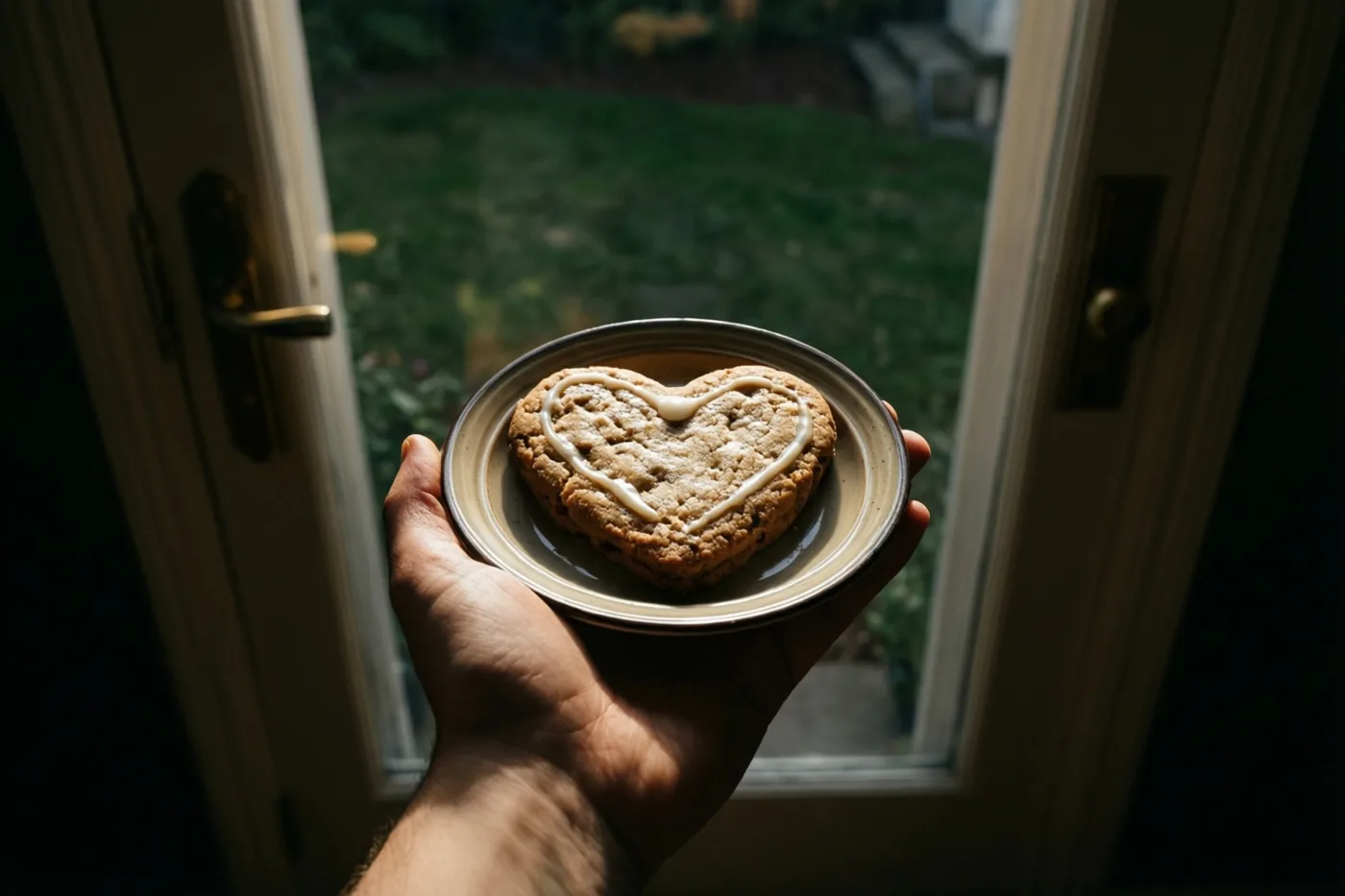 Een hand houdt een bordje met een hartvormig koekje met wit glazuur voor een open deur met uitzicht op een groen gazon.