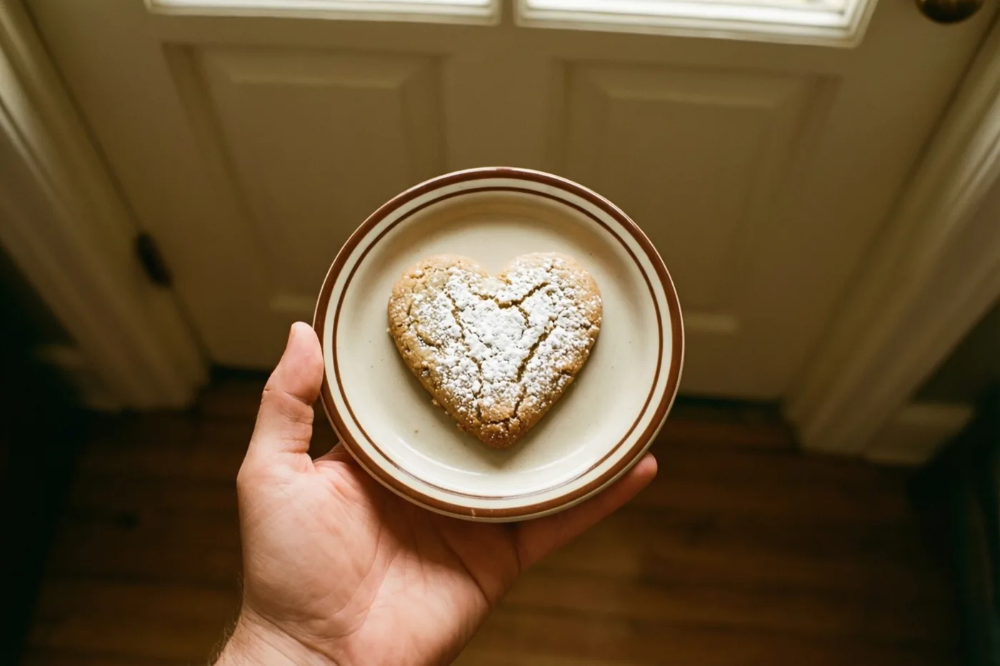 Een hand houdt een bordje met een hartvormig koekje met poedersuiker voor een witte deur, met een houten vloer eronder in warm licht.