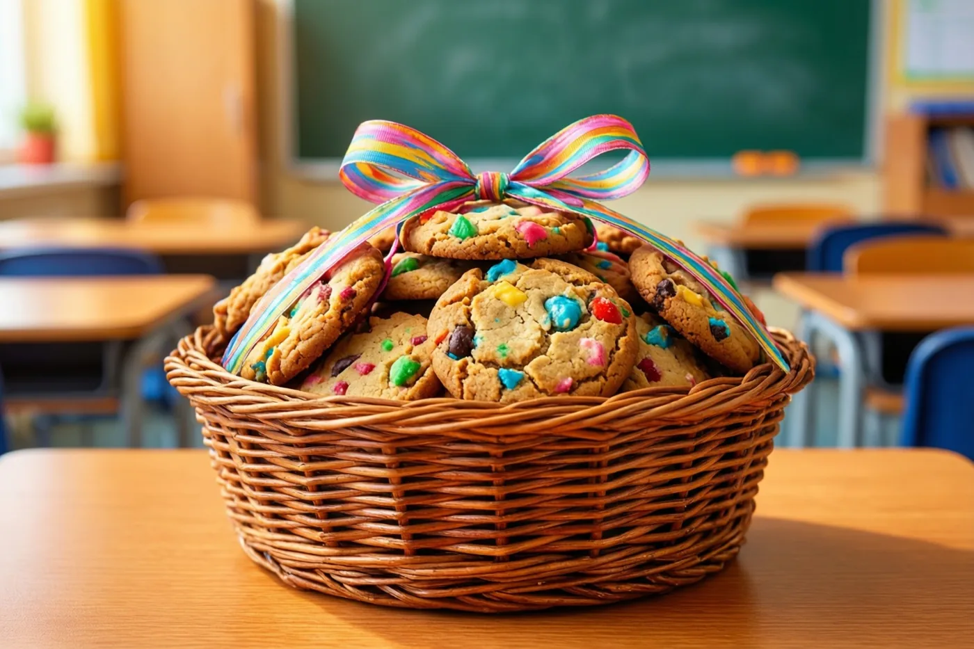 Een rieten mand vol kleurrijke chocoladekoekjes met een regenbooglint staat op een houten bureau in een klas met lege schoolbanken en een groen schoolbord.