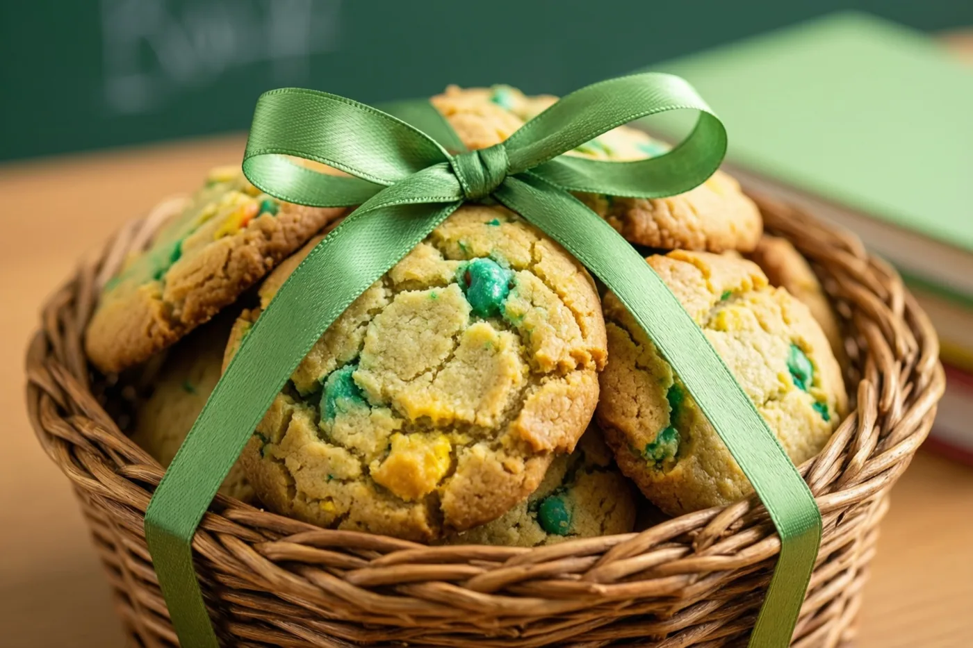 Een rieten mand met kleurrijke chocoladekoekjes en een groen lint staat op een houten bureau bij een groen schrift en een groen schoolbord.