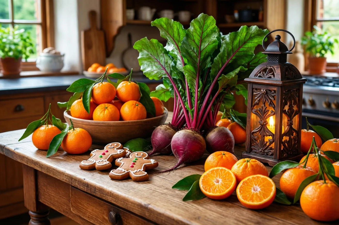 Op een rustieke houten keukentafel liggen hele en halve mandarijnen en gemberkoekjes in de vorm van mannetjes, naast een uitgesneden sierlantaarn met een brandende kaars en bieten met groen loof.
