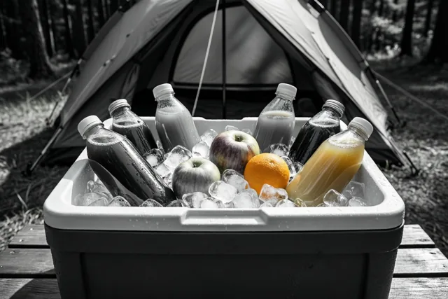 Een wit-zwarte koelbox met ijs, fruit en sapflessen staat op een houten tafel voor een tent in een bos, waarbij oranje fruit en geel sap opvallen tegen de zwart-witte achtergrond.