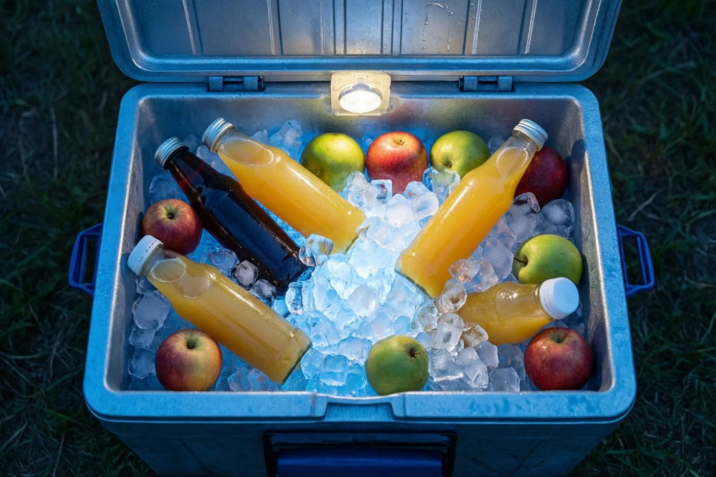 Een open blauwe koelbox met ijs, glazen flessen sinaasappelsap en rode en groene appels staat op het gras, met een klein lichtje binnenin.