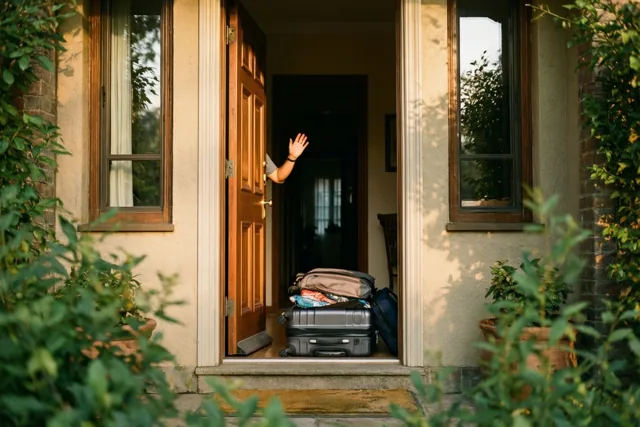 Een hand zwaait vanuit een donkere gang door een houten deur op een kier, met een ingepakte koffer op de stenen trede tussen groen en zonlicht.