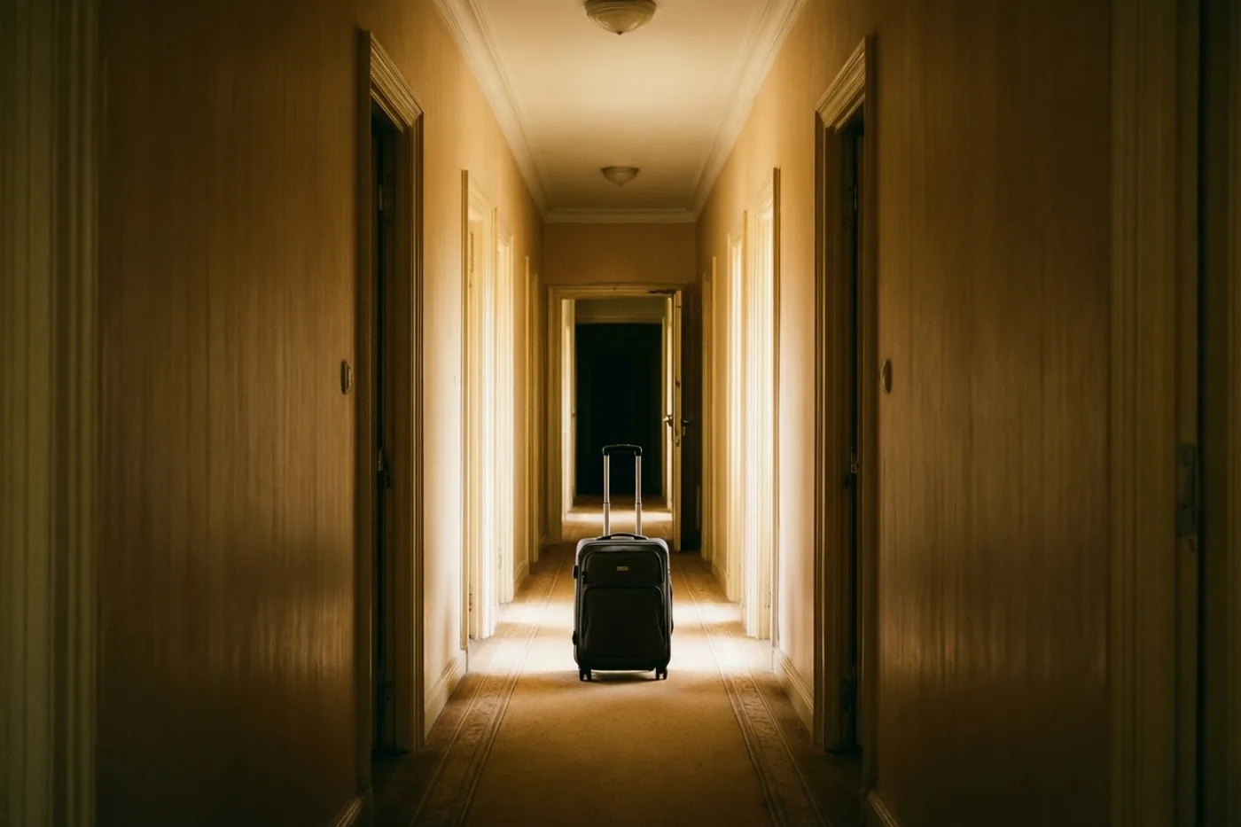 Een koffer staat bij een open deuropening aan het einde van een lange hotelgang met houten deuren aan weerszijden en gedempt goudkleurig licht.