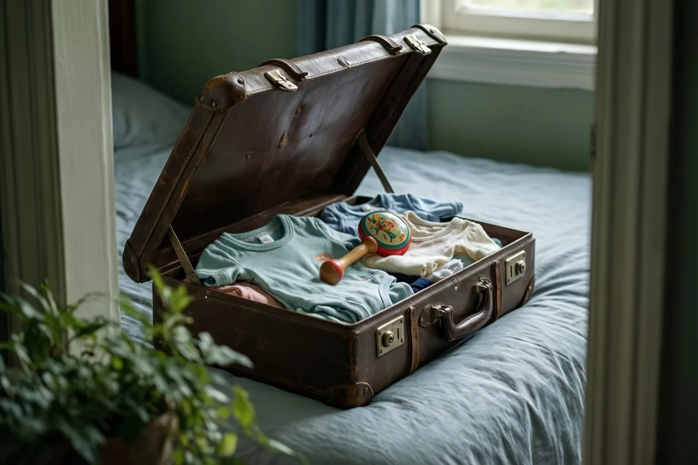 Een open oude koffer van bruin leer staat op een bed met opgevouwen babykleertjes en een kleurrijke celluloidrammelaar, verlicht door zacht daglicht uit een raam.