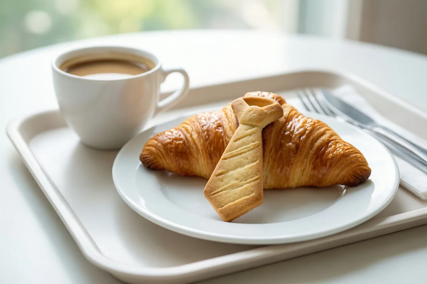 Een ontbijtplateau op een witte tafel bevat een witte kop koffie, een goudbruine croissant en een daskoekje op een wit bord, met raamlicht op de achtergrond.