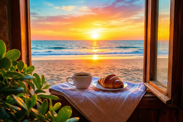 Een kop koffie en een croissant liggen op een handdoek op een houten vensterbank met uitzicht op het strand bij zonsopgang.