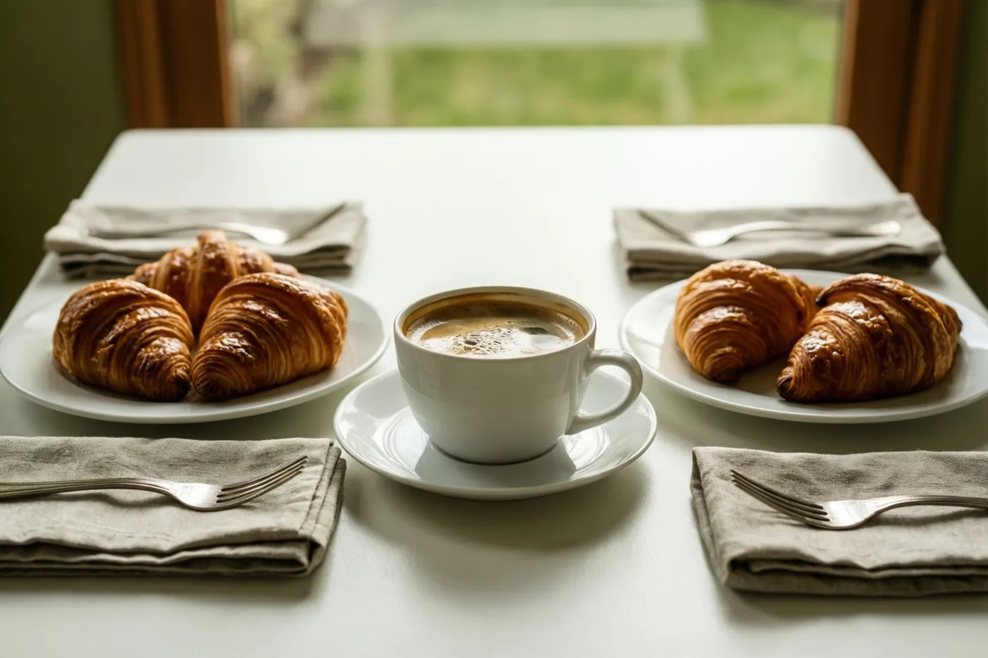 Op een witte tafel staan een kop koffie en twee borden met croissants naast gevouwen linnen servetten met vorken, in zacht ochtendlicht.