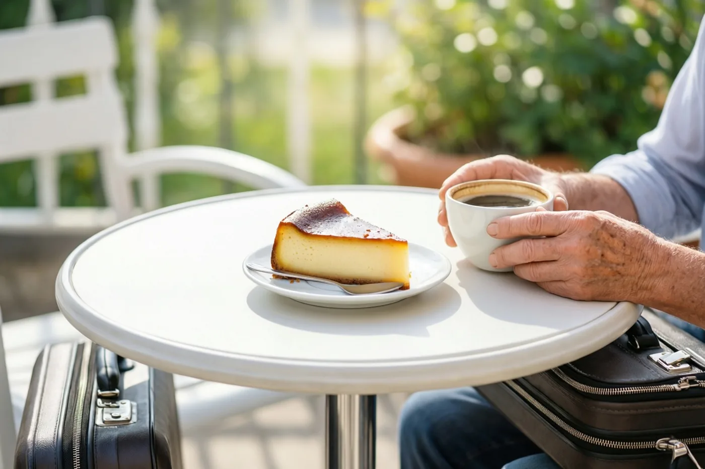 Een oudere persoon zit aan een witte tafel op een zonnig terras met een kop koffie in de hand, een stuk flantaart op een bord en een aktetas in de buurt.