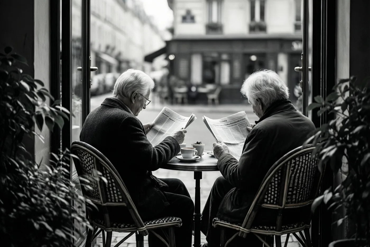 Een ouder koppel zit met de rug naar de kijker aan een tafel op een caféterras en leest kranten bij de koffie op een zwart-witfoto.