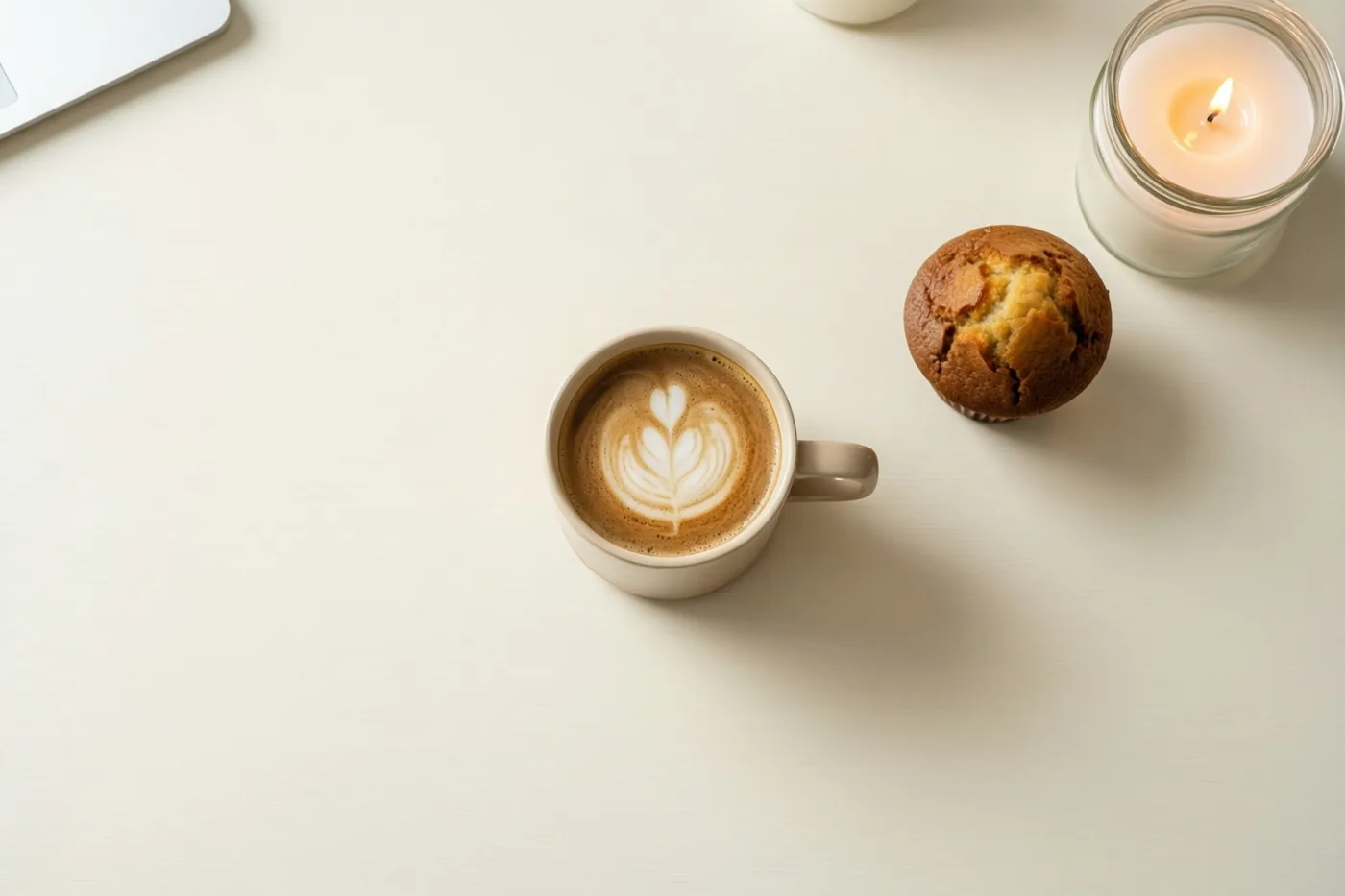 Van bovenaf zijn een koffiemok met latte art, een muffin en een brandende kaars op een wit bureau te zien.
