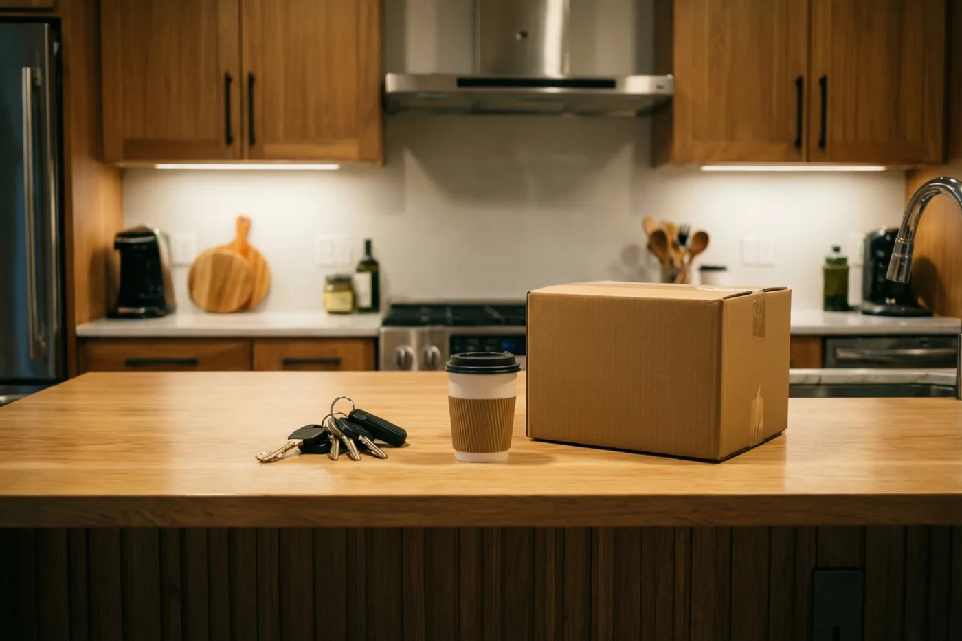 Een verhuisdoos, een koffiekop en een sleutelbos staan op een modern kookeiland in een warm verlichte keuken met houten kasten en roestvrijstalen toestellen.