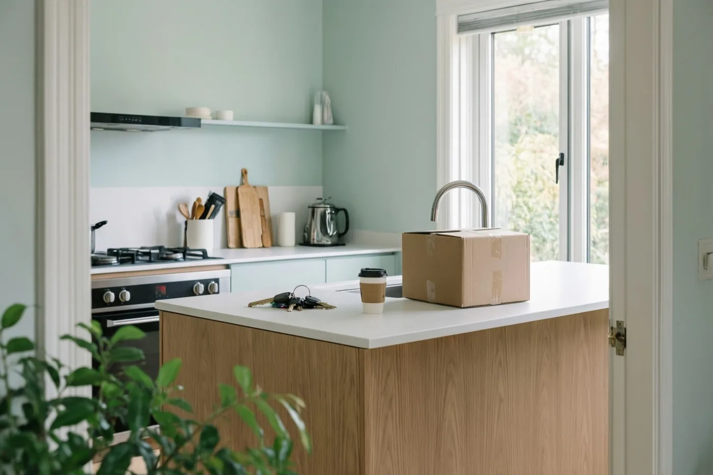 Een kartonnen verhuisdoos, een koffiekop en een sleutelbos staan op het witte werkblad van een modern kookeiland in een keuken met lichtgroene muren en daglicht van een raam.