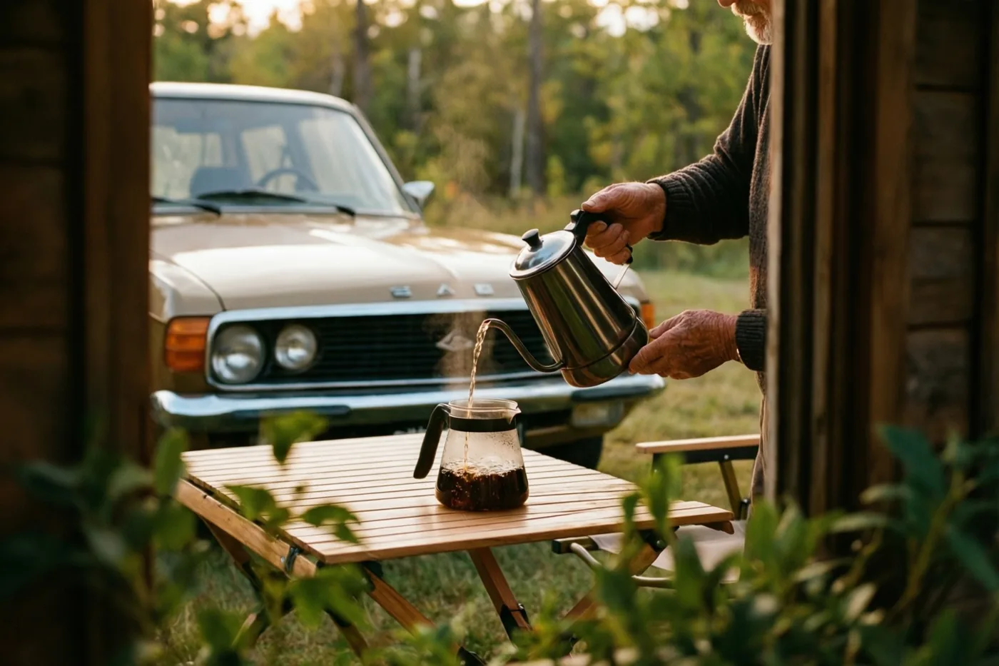 Een oudere persoon giet koffie uit een metalen ketel in een glazen karaf op een houten kampeertafel in een bosrijke omgeving, met een oldtimer op de achtergrond in goudkleurig licht.