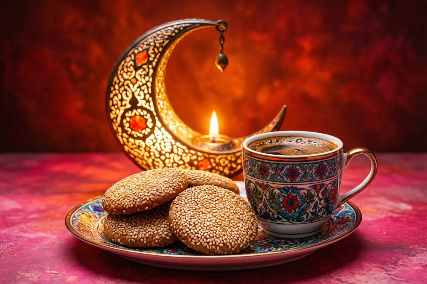 Een kopje Arabische koffie en sesamkoekjes staan op een sierlijk bord naast een brandende maansikkellantaarn tegen een warmrode achtergrond.