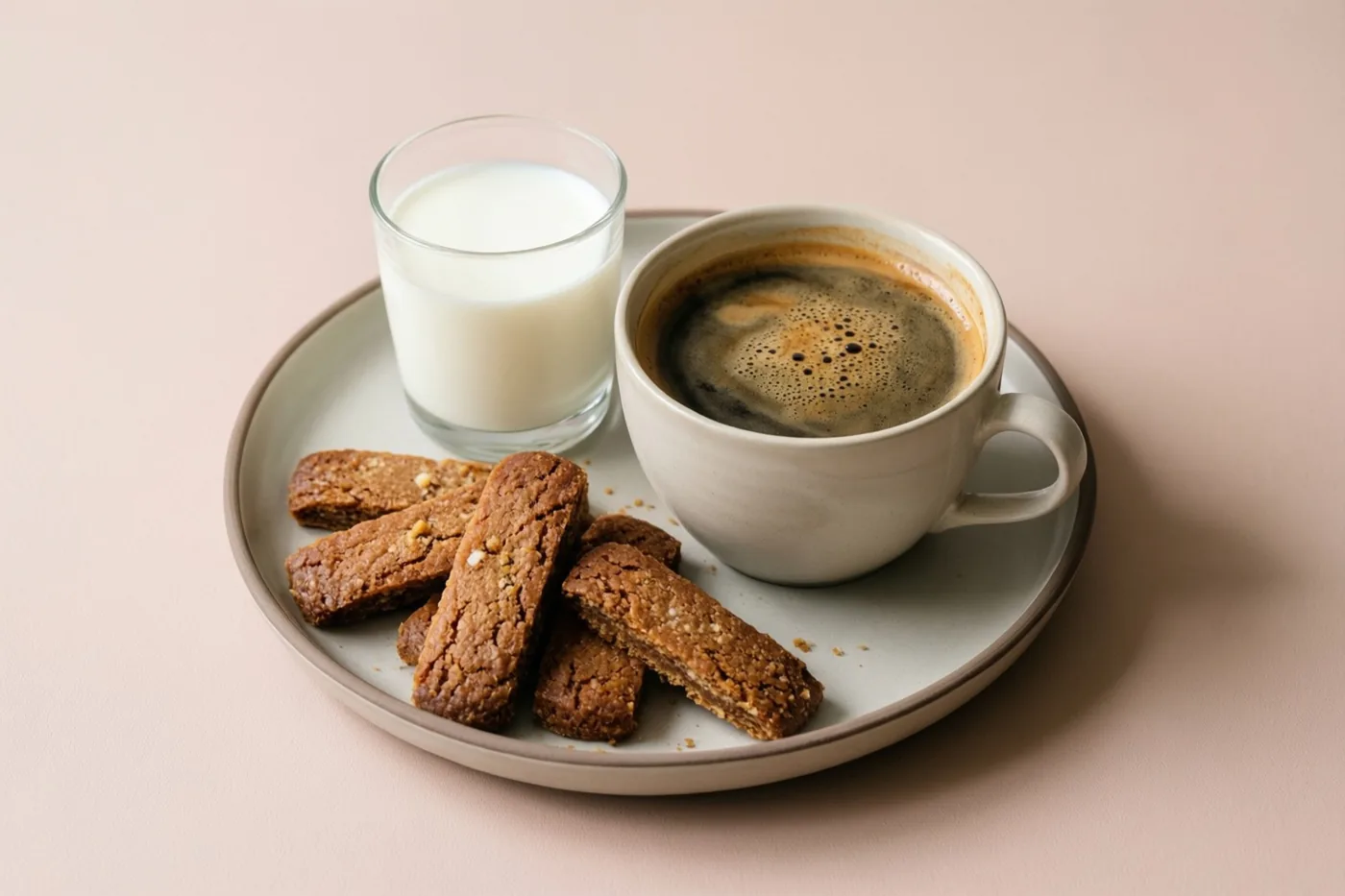 Een bord met een grote kop koffie, een klein glas melk en rechthoekige speculooskoekjes staat tegen een effen lichtroze achtergrond.