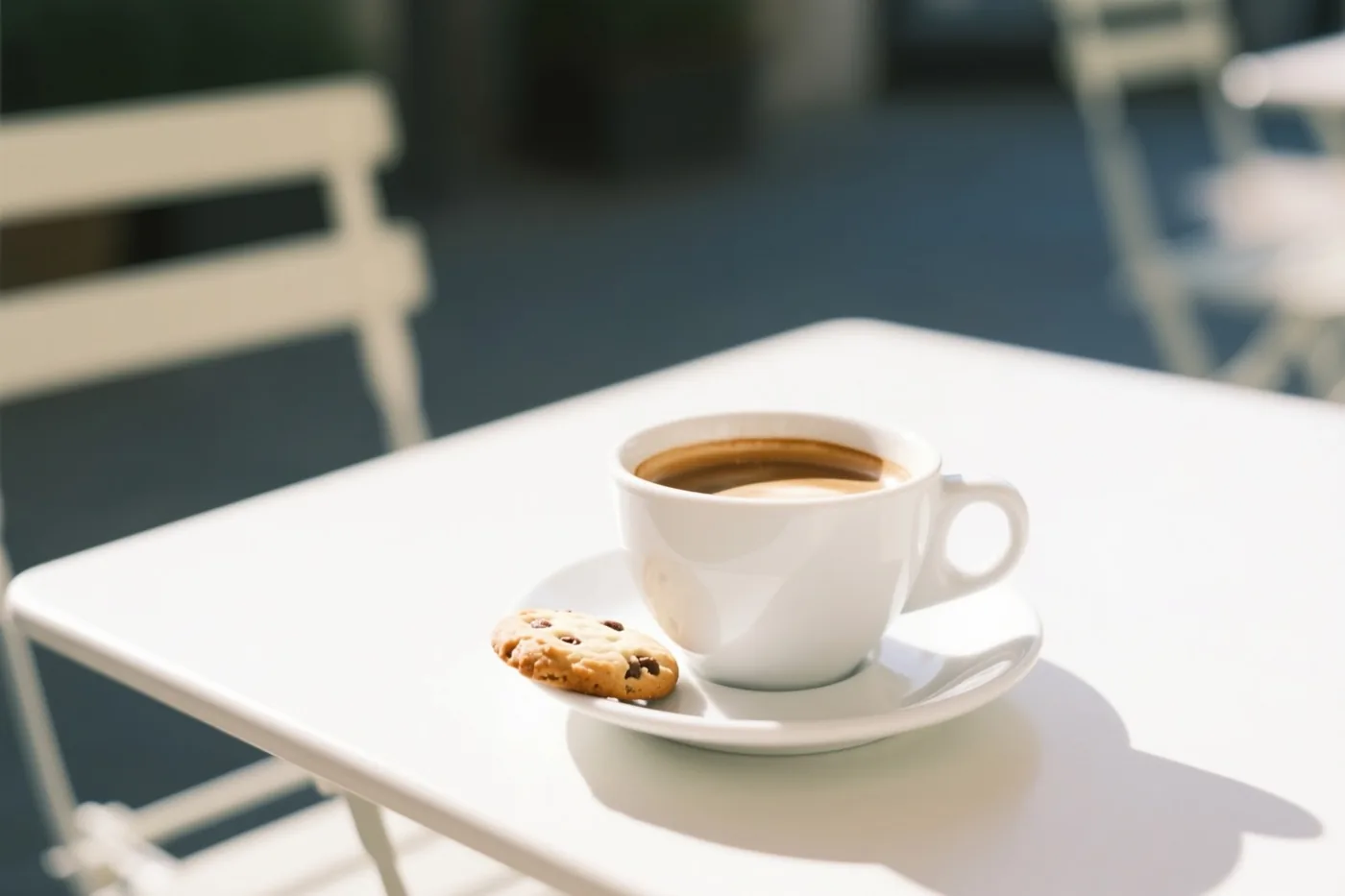 Een witte kop koffie en een klein koekje met stukjes chocolade staan op een wit schoteltje op een witte cafétafel in de felle zon, met wazige witte stoelen op de achtergrond.