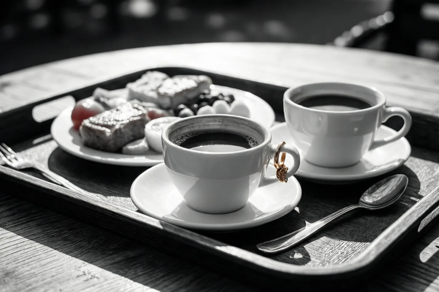 Een zwart-witfoto toont twee koffiekopjes op een dienblad met een ring aan het oor van één kopje, naast een bord gebak en bestek op een zonnige houten tafel.