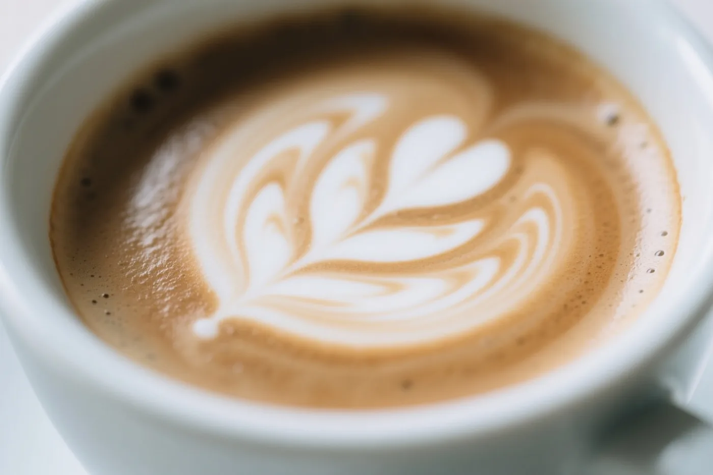 Van bovenaf zie je een witte kop koffie met fijne witte melkschuimkrullen in zacht, warm licht tegen een onscherpe achtergrond.