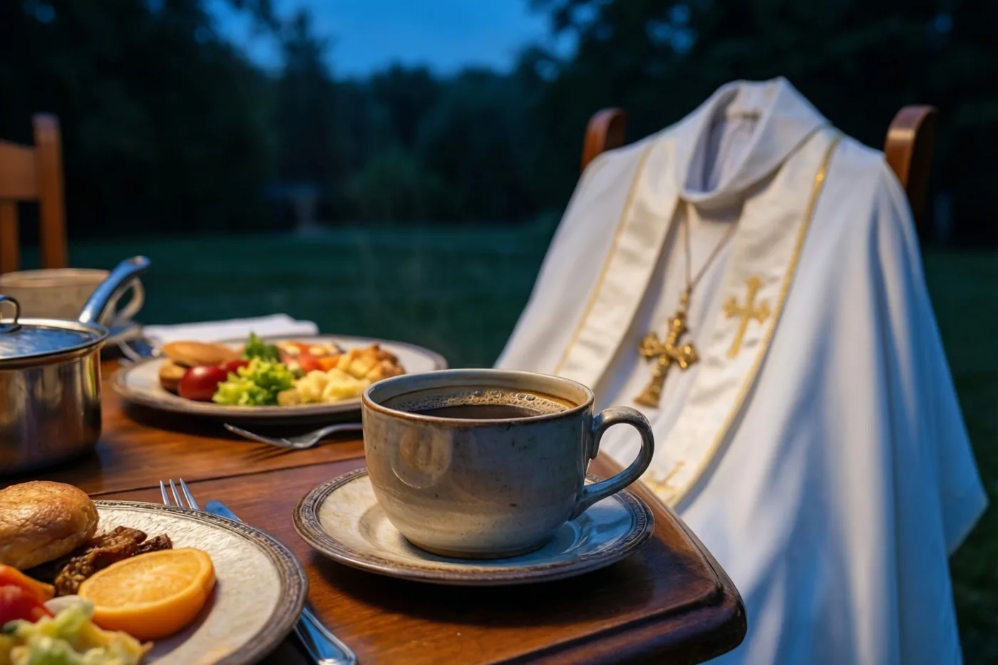 Een keramieken koffiekop en een bord met ontbijt staan buiten op een houten tafel naast een stoel met een wit communiegewaad met gouden afwerking, onder een donkerblauwe hemel bij schemerlicht.