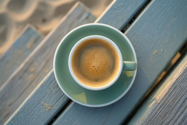 Een kop koffie op een schoteltje staat op verweerde blauwe houten planken in zacht, warm ochtendlicht, met zand op de achtergrond.